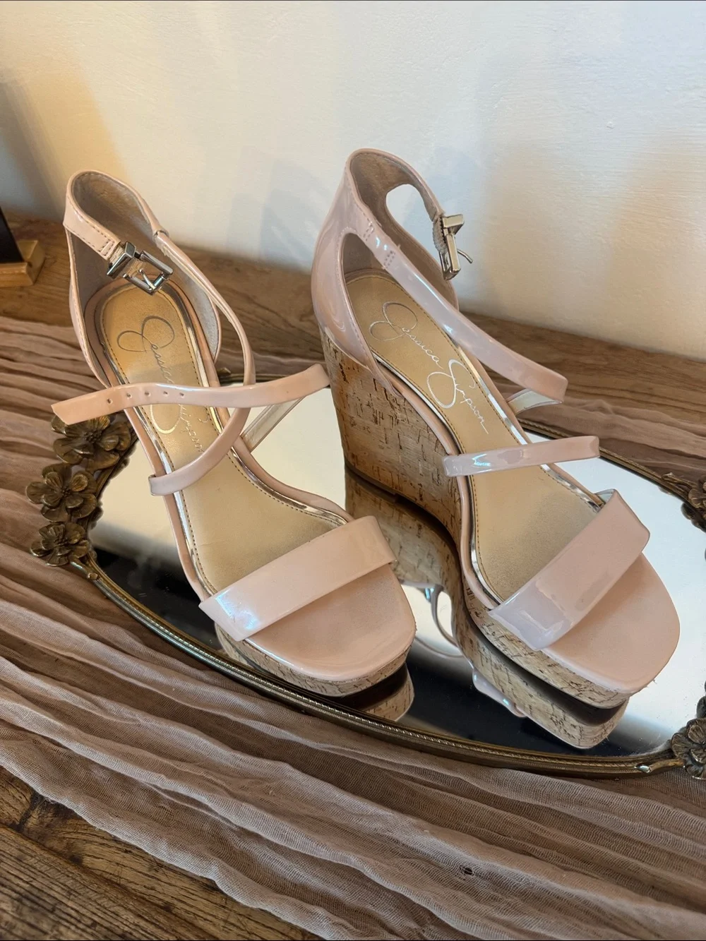 Jessica Simpson Pastel Pink Patent Cork Wedge Strappy Sandals